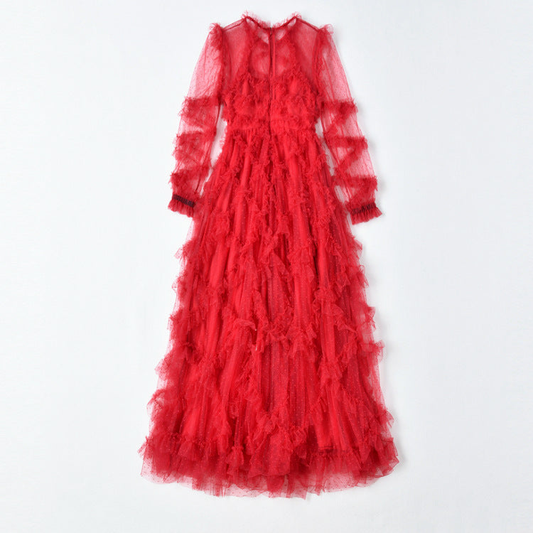 tiered ruffle tulle gown in crimson – Eeshika