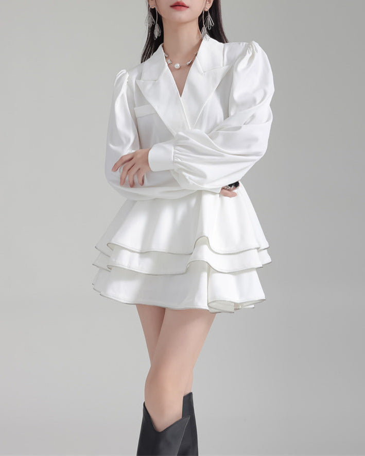 Shirt suit with multi-layered short skirt -