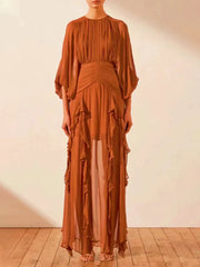 sheer ruffle-trim gown with draped bodice – Aanakec