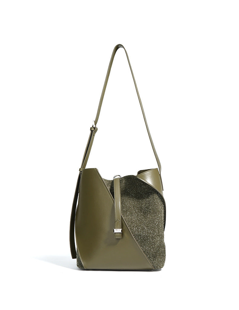 asymmetrical bucket bag with felt panel – SAGE