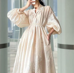 embroidered organza midi dress with puff sleeves – Feeiklig