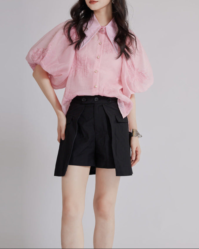 Puff sleeve blouse with floral embroidery - Kirtu