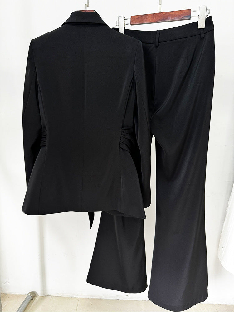Draped belted blazer pants set with flared legs – Vronik