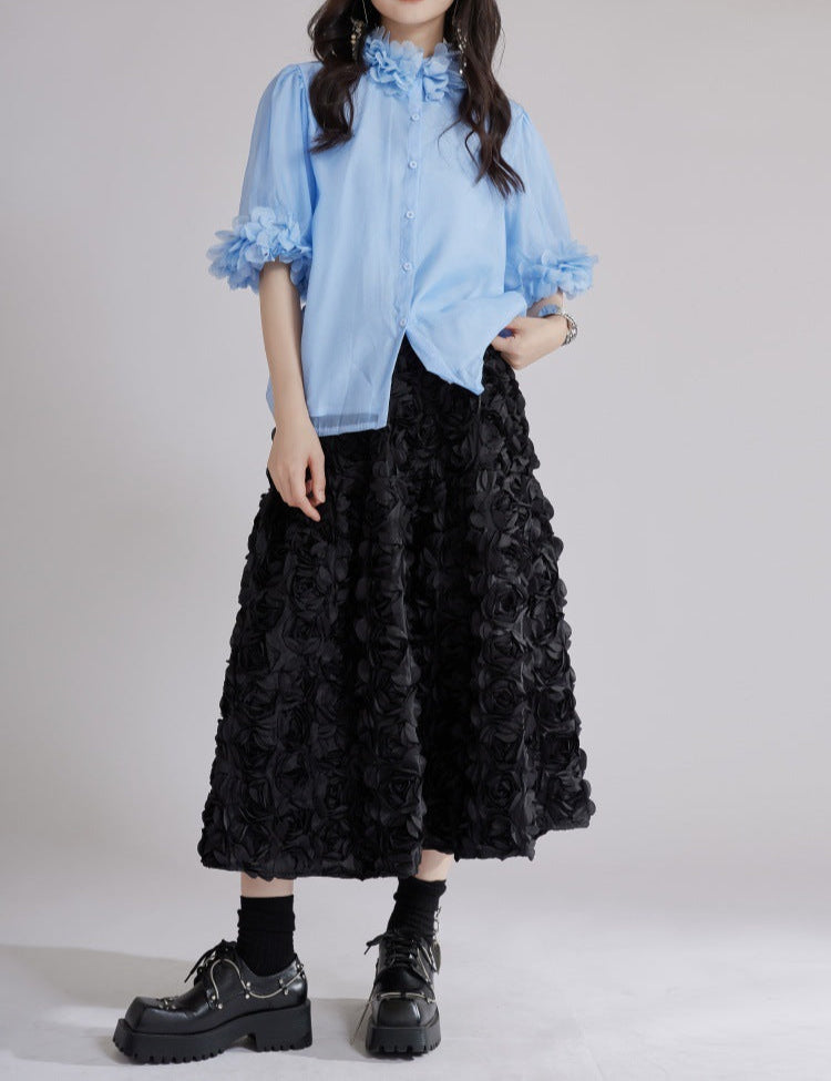 puff sleeve shirt with 3D floral trims - BLOSIOM
