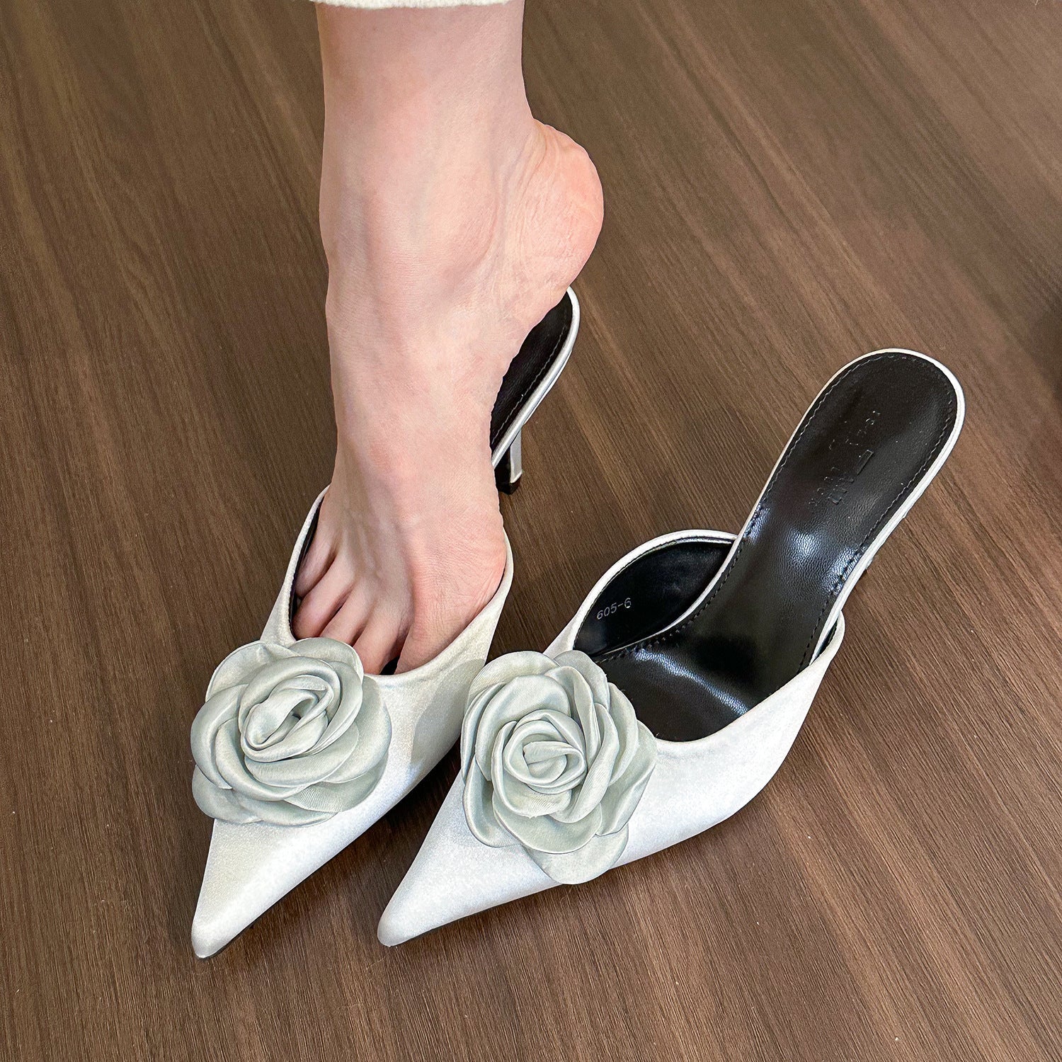 black satin mule heels with oversized rosette appliqué – ROSA