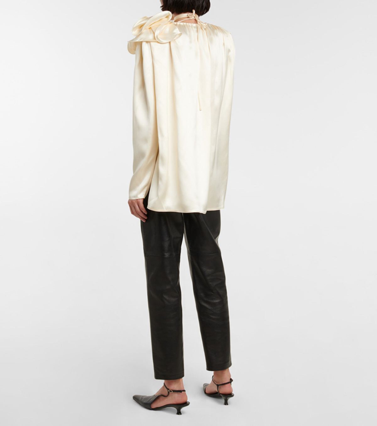 long sleeve satin blouse with floral shoulder detail - Addileigh