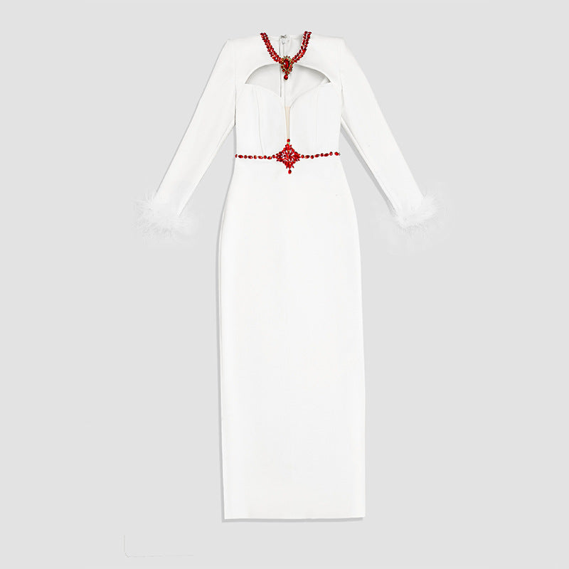 Long sleeve column gown with jeweled cutout – Starsel