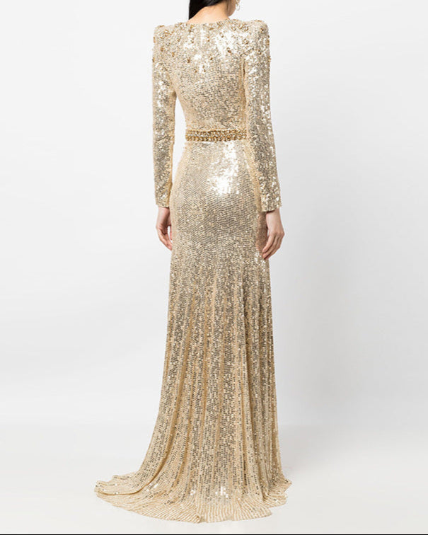 Long sleeve column dress with sequined embellishments - Jinwy