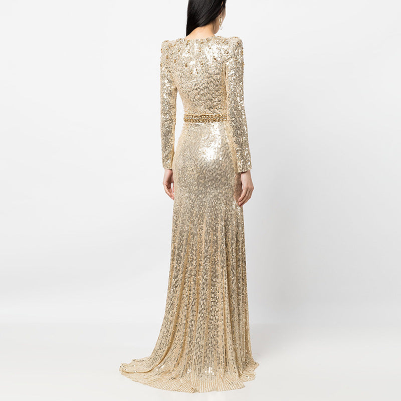 off-shoulder column dress with metallic gold feathers – AURIRA