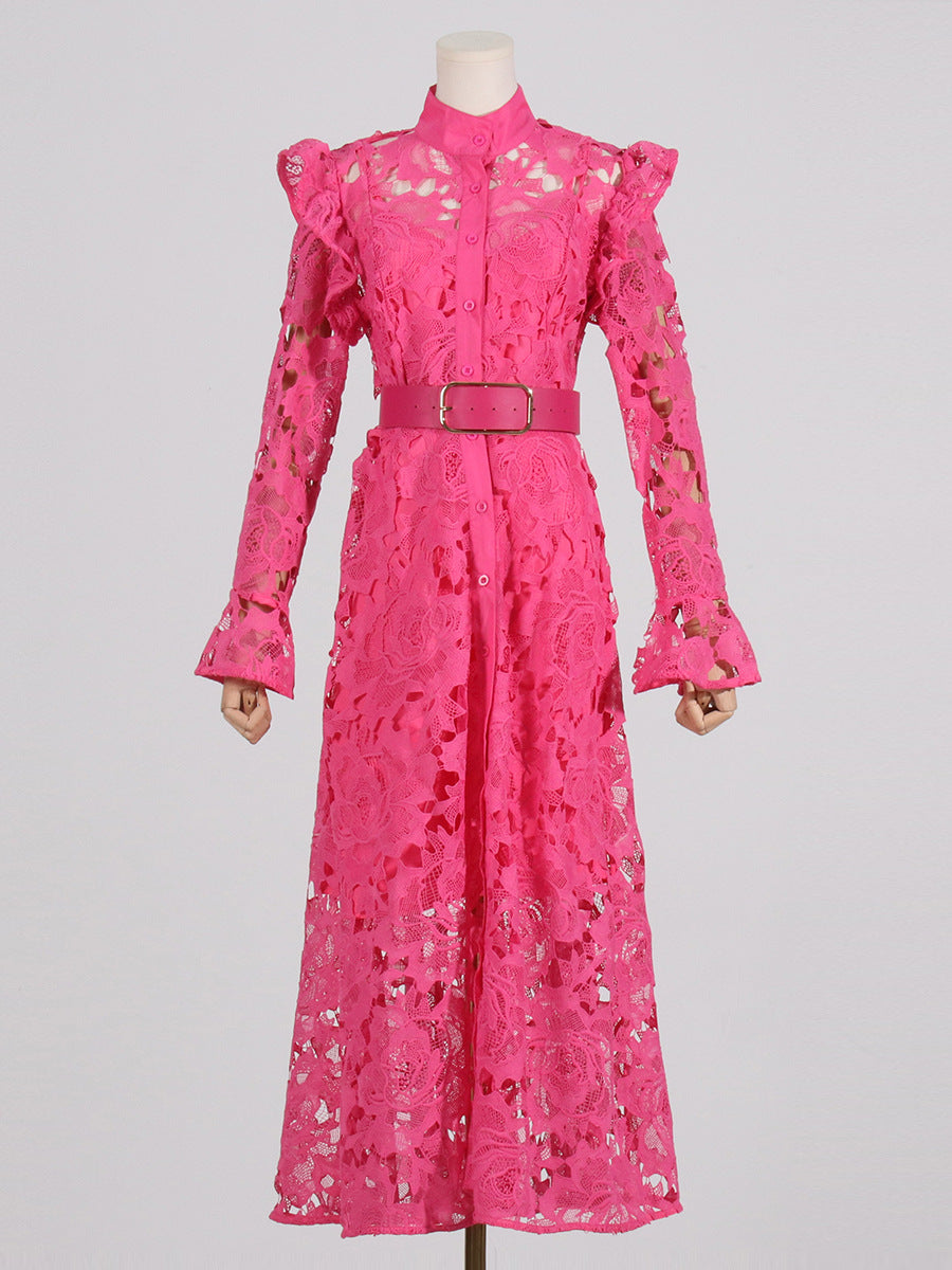 long-sleeve lace midi dress with belt – Tesoro