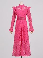 long-sleeve lace midi dress with belt – Tesoro