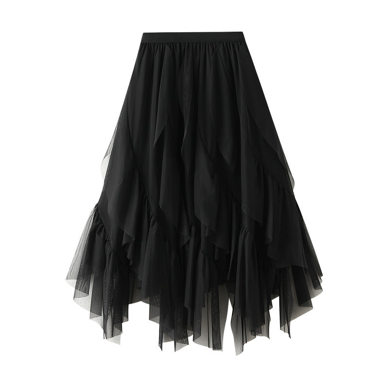 Asymmetrical ruffled mesh skirt with waterfall layers – Apilu