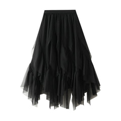 Asymmetrical ruffled mesh skirt with waterfall layers – Apilu