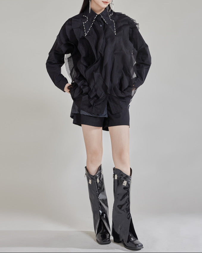 Long sleeve ruffle shirt with pearl collar - Sindu