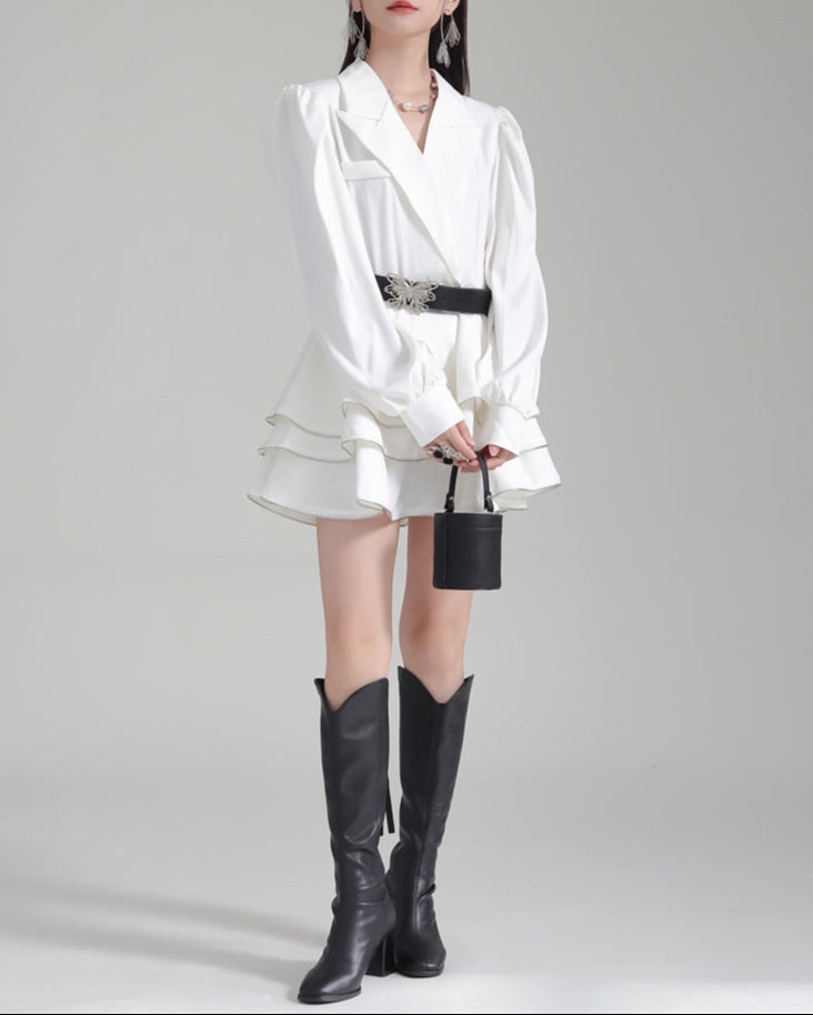 Shirt suit with multi-layered short skirt -