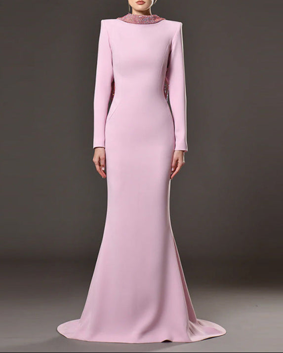 Long-sleeve fitted gown with embellished neckline - Vicruty