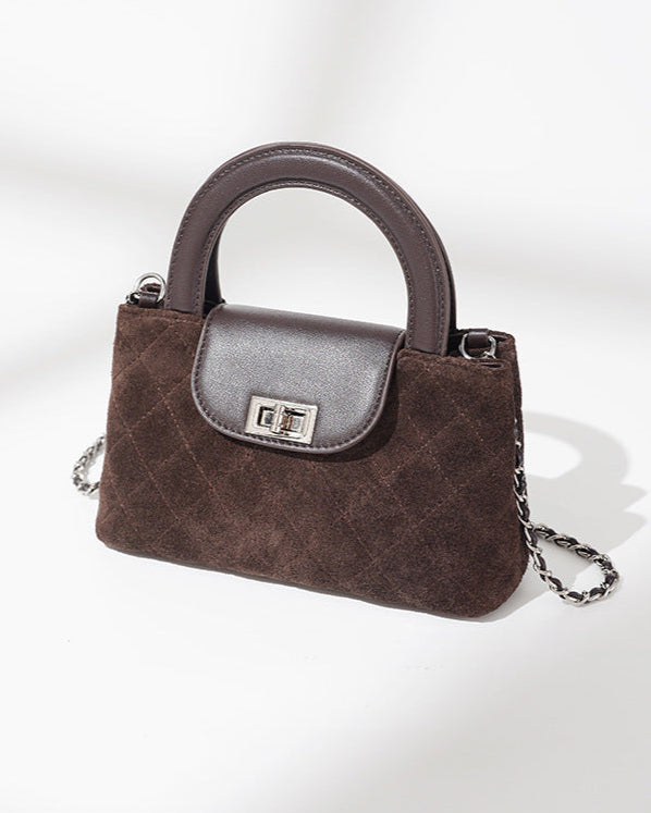 quilted suede top-handle bag with leather flap - TESSLA