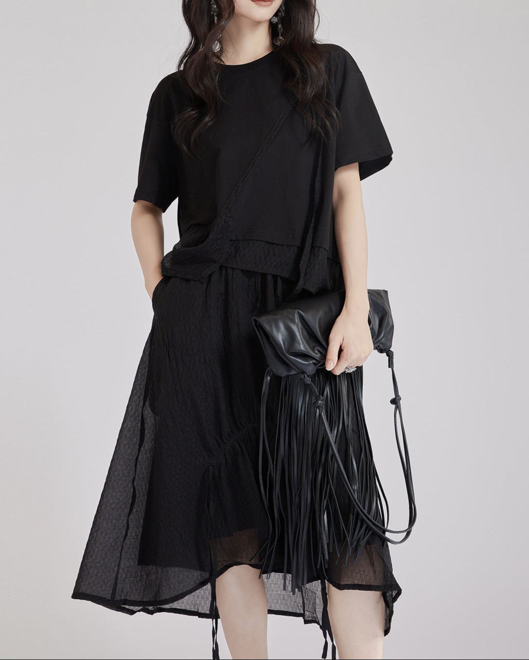asymmetric cotton T-shirt with layered mesh panel – HARUX