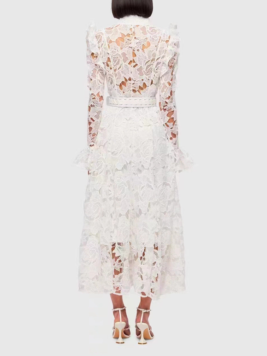 long-sleeve lace midi dress with belt – Tesoro