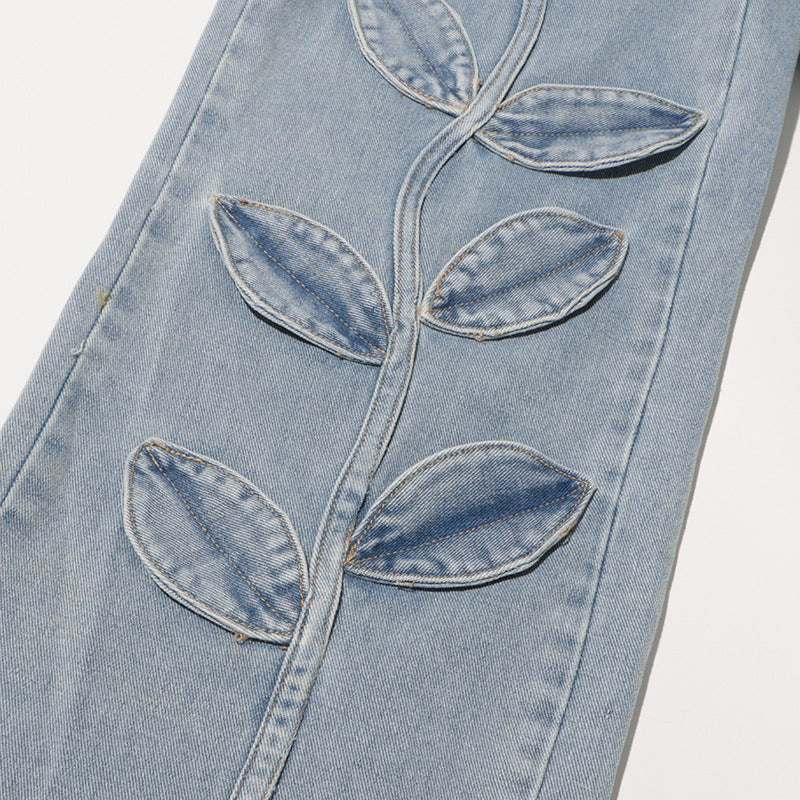 High-waisted denim pants with floral embroidery - Fusni