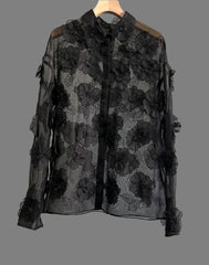 sheer organza shirt with 3D floral appliqué - Geneydr