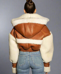 cropped leather and faux shearling hooded jacket - Joolie