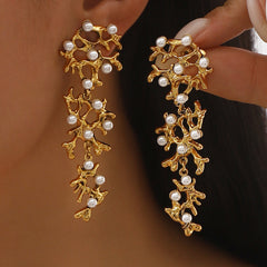 gold coral drop earrings with pearl accents – CORALIA