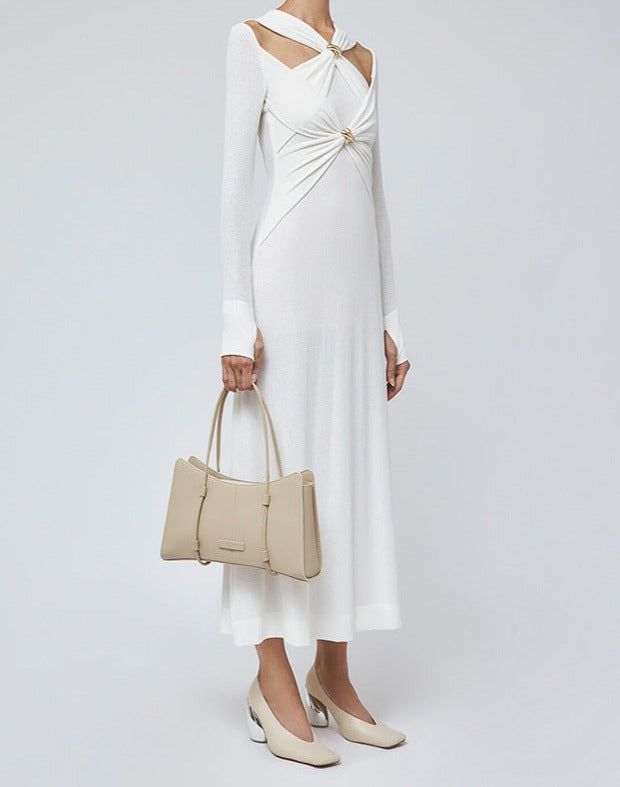 cut-out long-sleeve maxi dress with gold accents – Edythe
