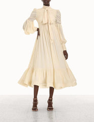 high-neck midi dress with necktie and puff sleeves – Thanmayu