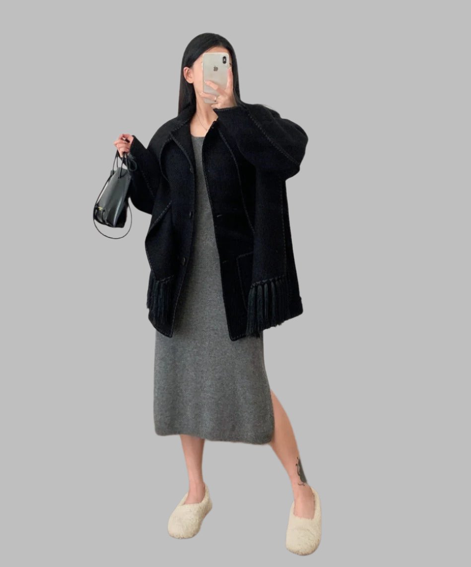fringed cape jacket with contrast trim – Teghan