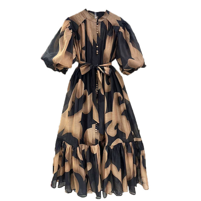 puff-sleeve tiered maxi dress with abstract print – ZARA