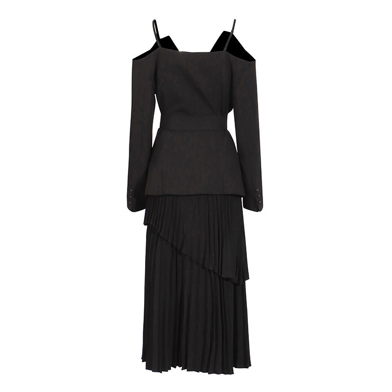 Off-shoulder belted blazer with pleated skirt - Atiju