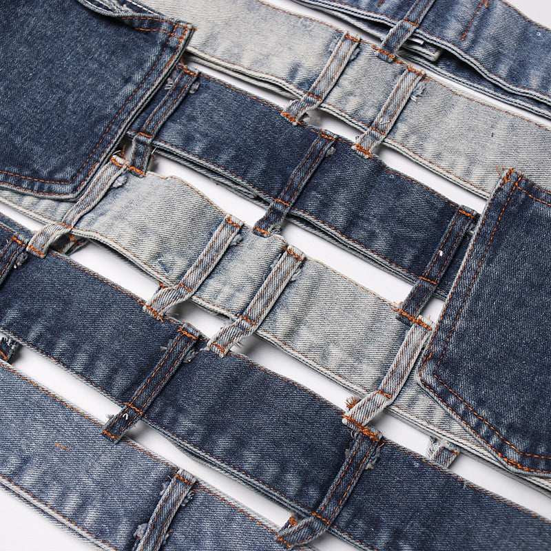 patchwork denim waist belt skirt - Talikha