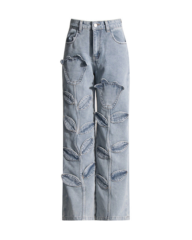 High-waisted denim pants with floral embroidery - Fusni