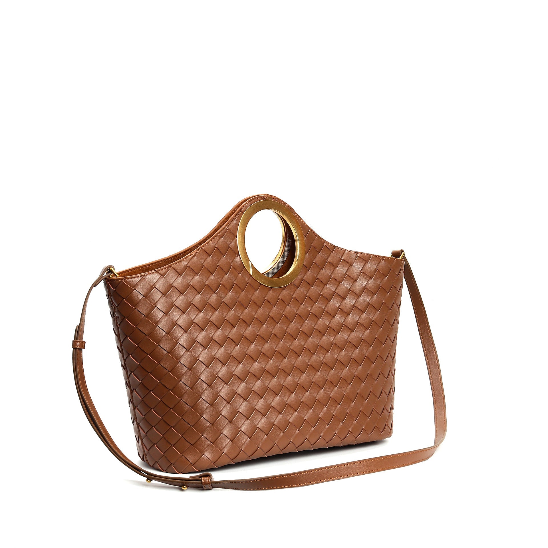 woven leather tote with circular metal handle - ARYAX
