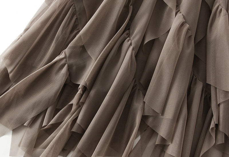 Asymmetrical ruffled mesh skirt with waterfall layers – Apilu