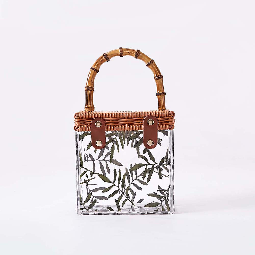 Clear acrylic box bag with bamboo handle and floral design - Lydu
