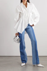long-sleeve button-down shirt with ruched waist and flared hem – CLEO