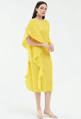 pleated midi dress with asymmetric ruffle – Ysabelle