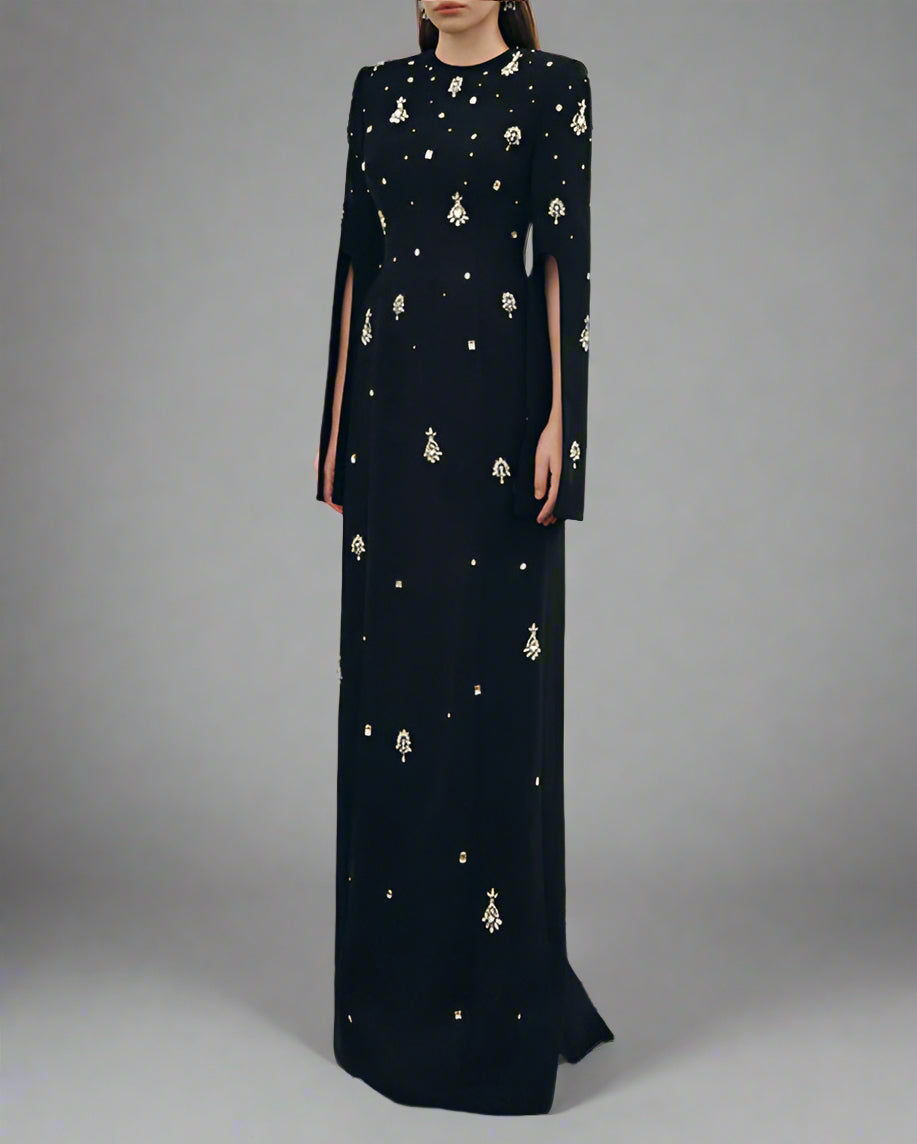 Long-sleeve embellished gown with cape detail - Zuswy