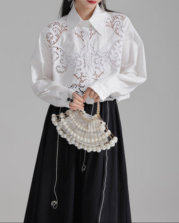 Lace-insert striped blouse with button closure - Vulga