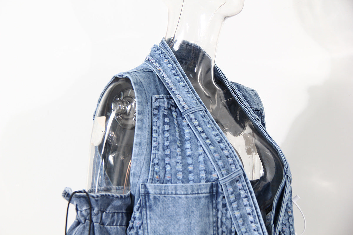 cold-shoulder embellished denim jacket with gathered sleeves – Klaew Kla