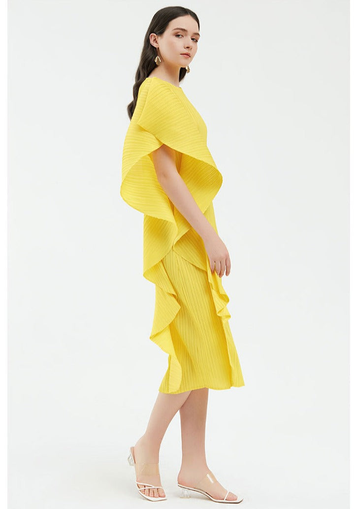 pleated midi dress with asymmetric ruffle – Ysabelle