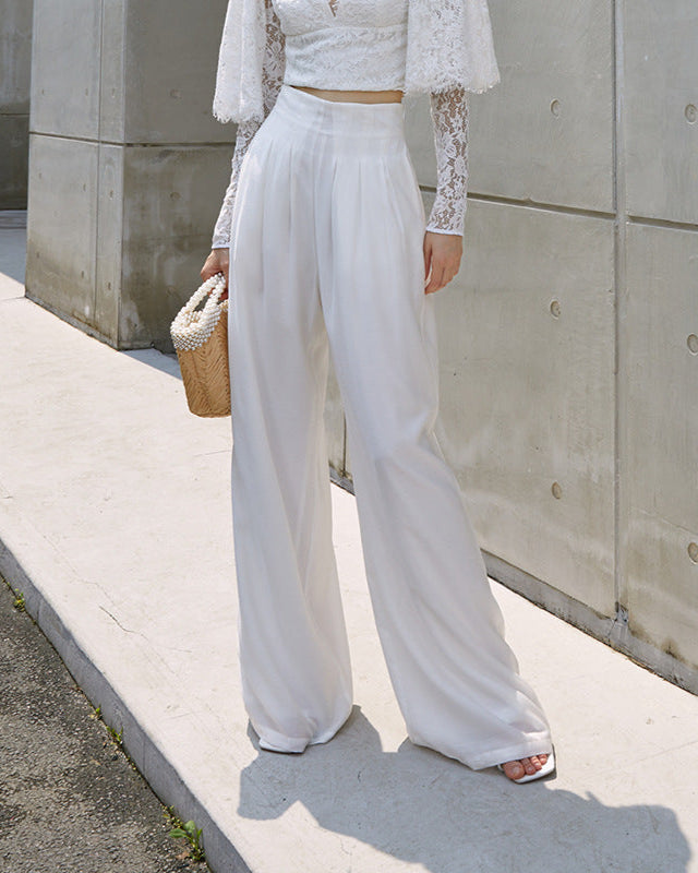 High-waisted wide-leg pants in soft white crepe – Lerlu