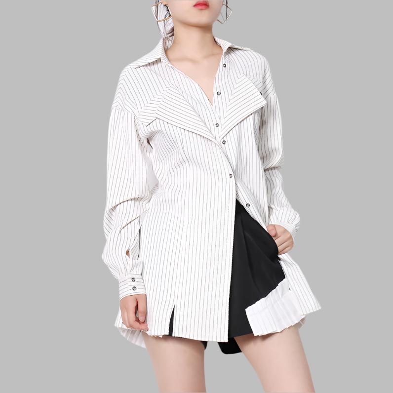 striped longline blouse with layered lapel detail - Terese