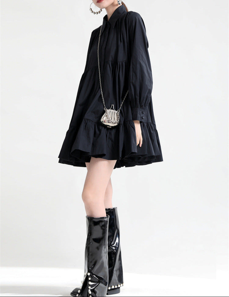 long-sleeve ruffle mini dress with shirt collar - REINAX