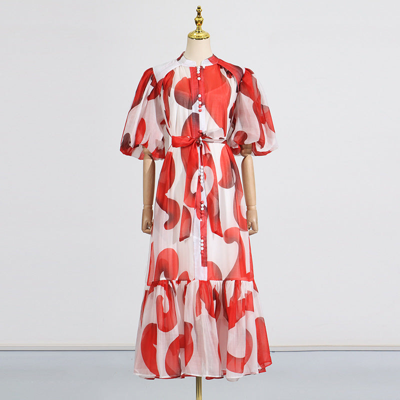 puff-sleeve tiered maxi dress with abstract print – ZARA