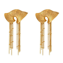 sculpted gold fan earrings with cascading chain tassels – VALINA