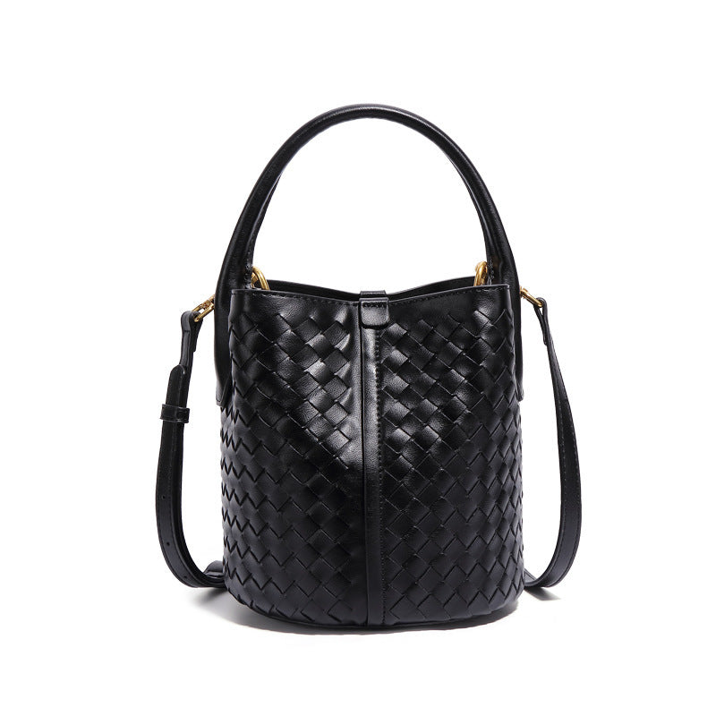 woven leather bucket bag with rounded handle – IVONY