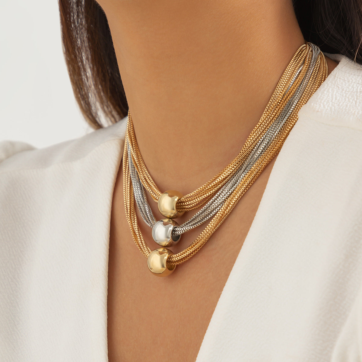 Multi-strand chain necklace with trio beads - Nhjlu